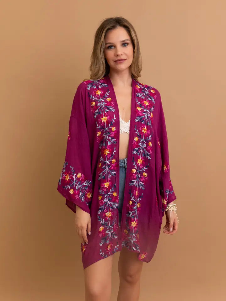 Floral Embroidered Anemone Kimono