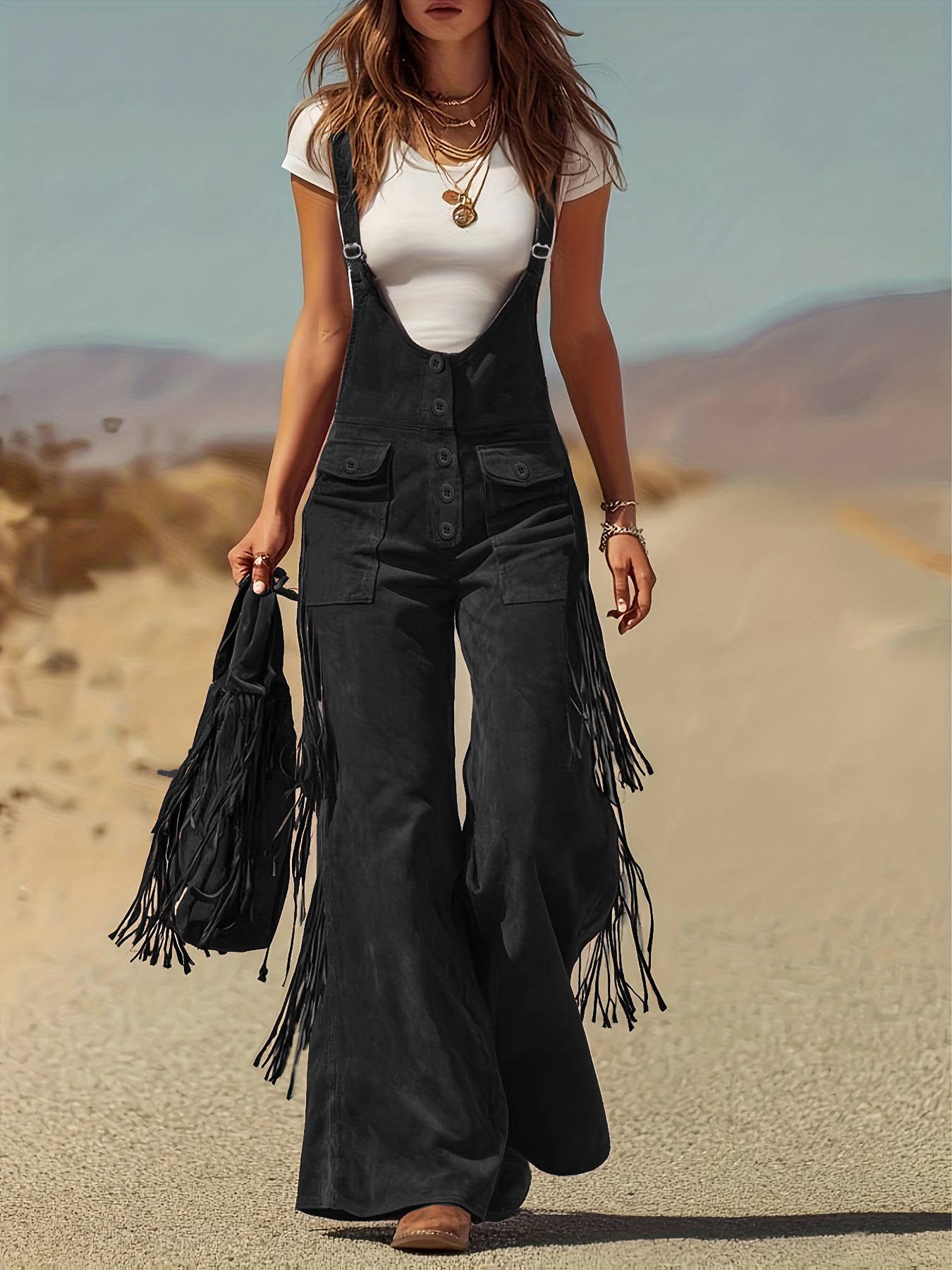 Fringe Wide-Leg Overalls