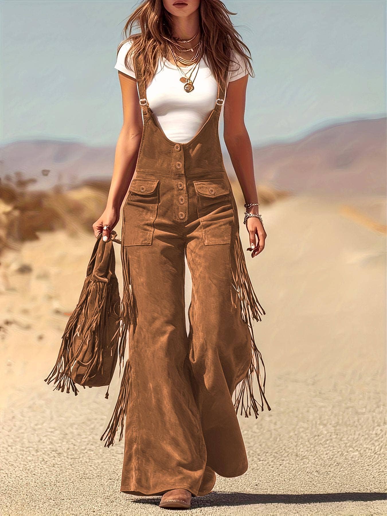 Fringe Wide-Leg Overalls
