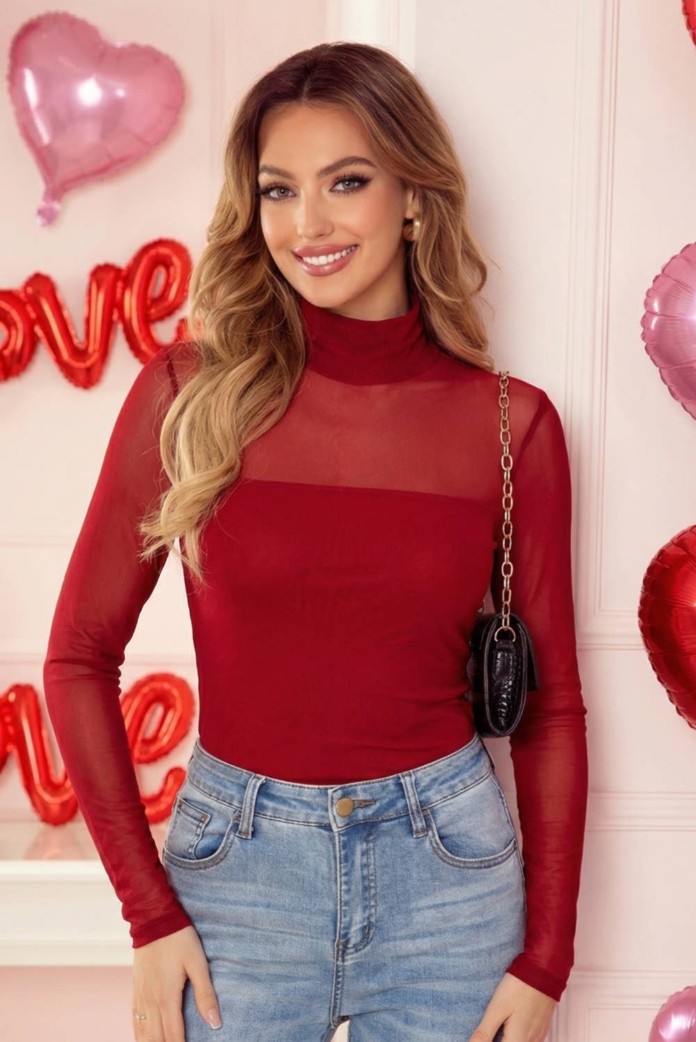 Sheer Mesh Patchwork Mock Neck Long Sleeve Top