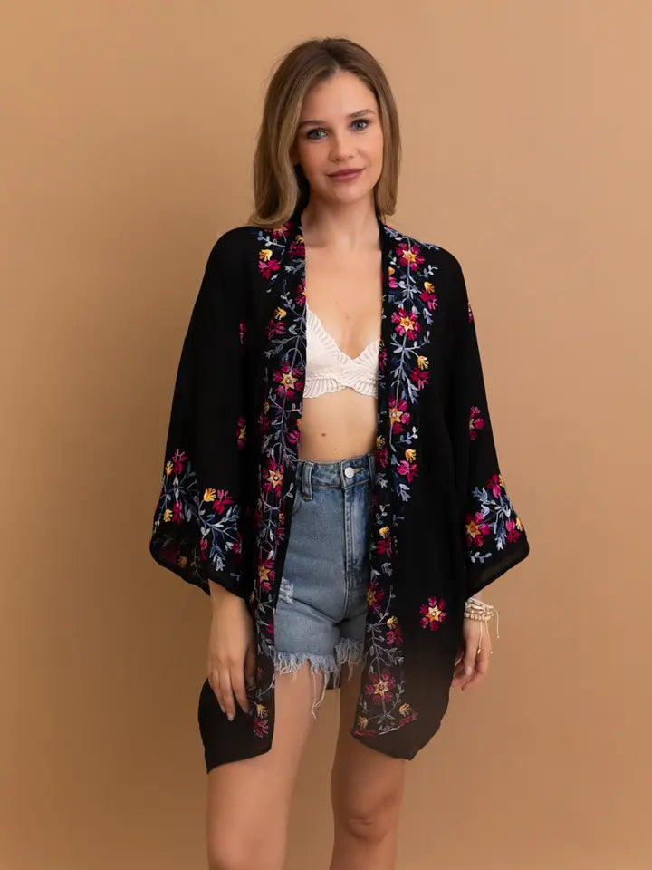Floral Embroidered Anemone Kimono