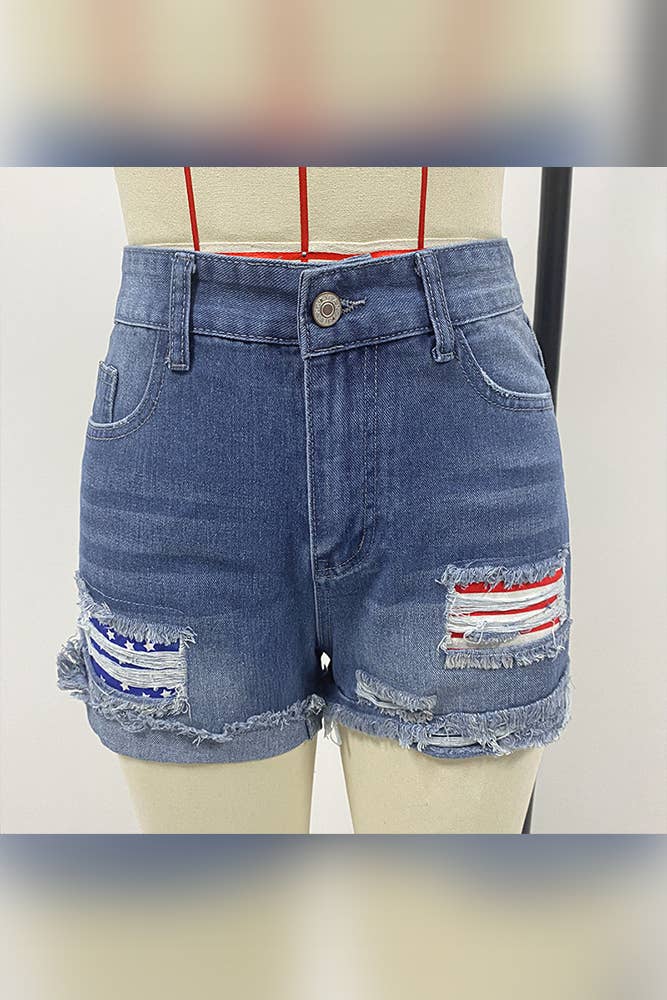 Us Flag Patchwork Ripped Denim Shorts