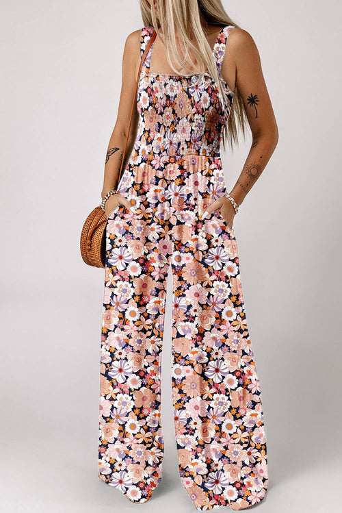 Boho Floral Print Smocked High Waist Square Neck Jumpsuit: Green / L