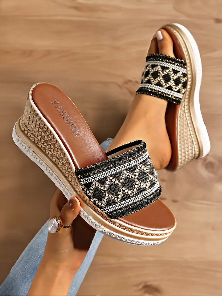 Woven Band Wedge Slippers