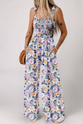 Boho Floral Print Smocked High Waist Square Neck Jumpsuit: Purple / L