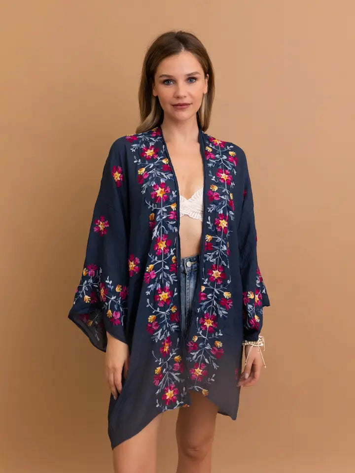 Floral Embroidered Anemone Kimono