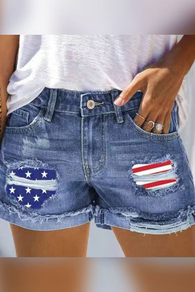 Us Flag Patchwork Ripped Denim Shorts