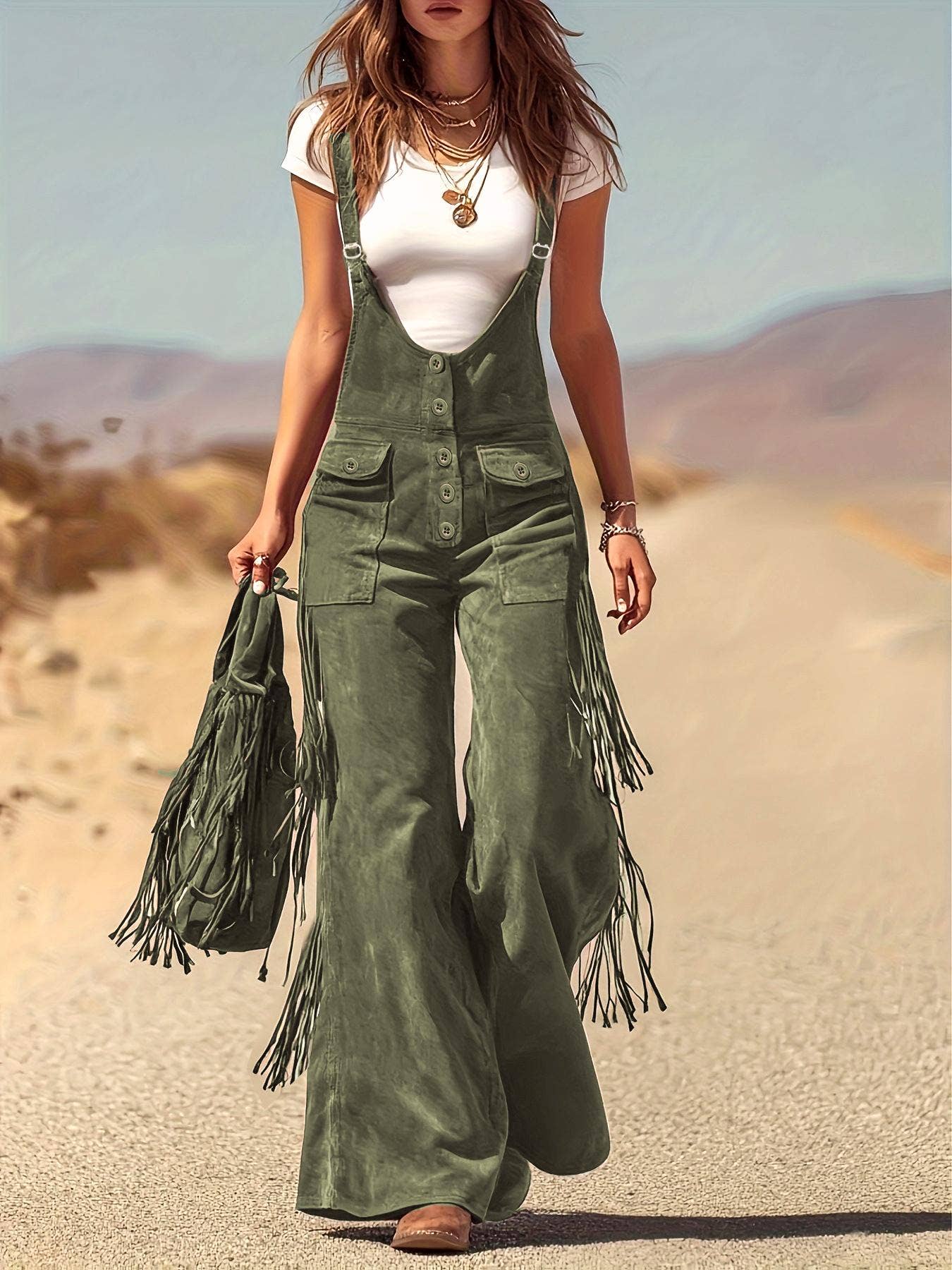 Fringe Wide-Leg Overalls