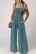 Boho Floral Print Smocked High Waist Square Neck Jumpsuit: Green / XL