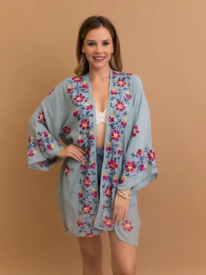 Floral Embroidered Anemone Kimono